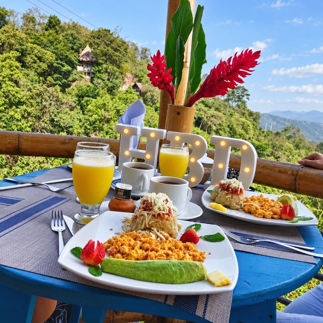 Desayuno junto al balcón con vistas al bosque